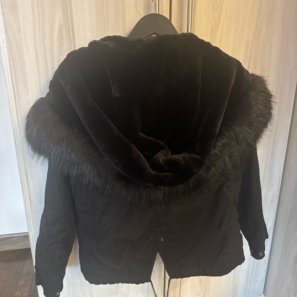 Zara Black Hooded Parka with Fur Trim size M - Picture 2 of 2